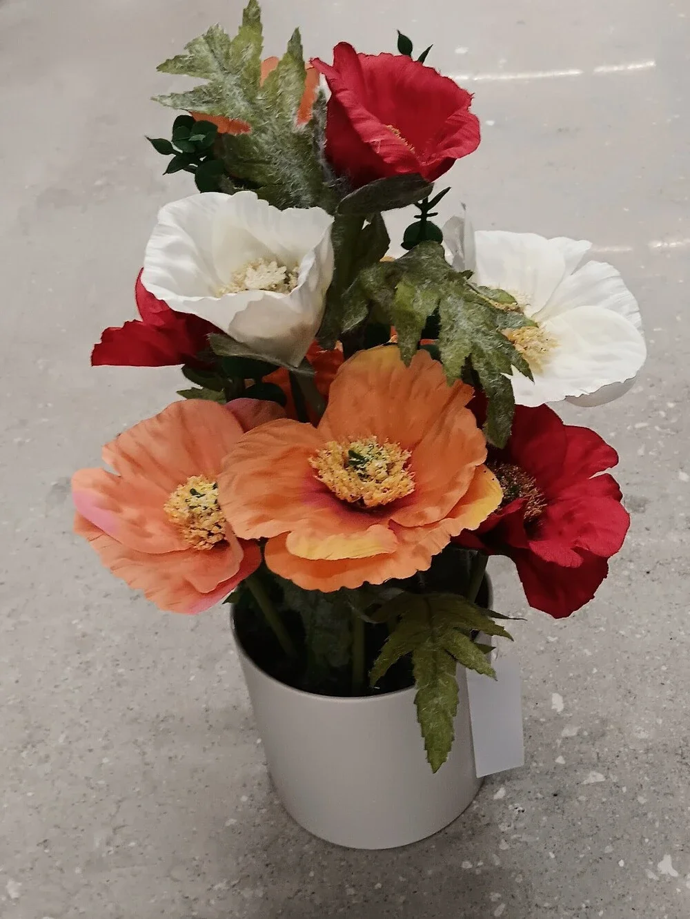 Artificial Poppy Floral Arrangement in White Vase - Orange, Red & White